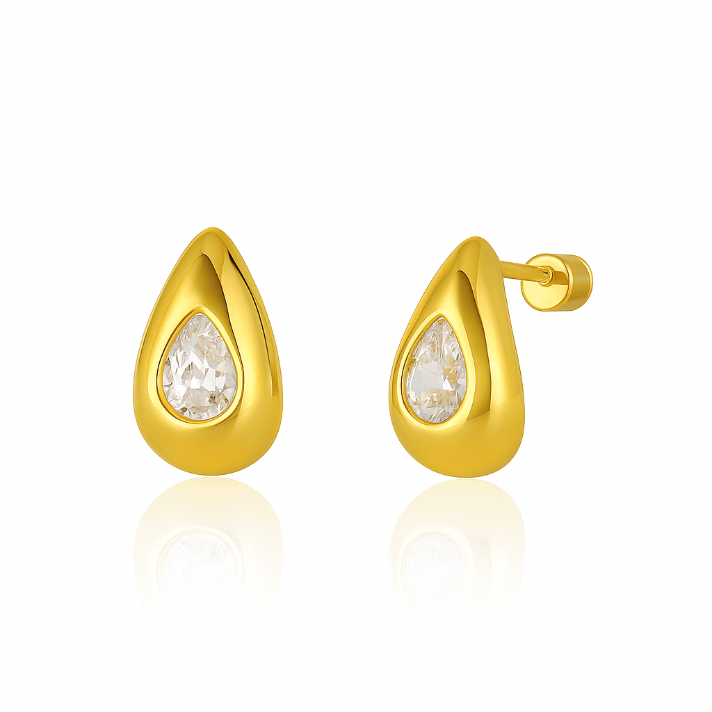 The Perfect Hoop Amadora Hoop Crystal earrings on pure white background, featuring gold teardrop silhouette with inset pear-cut crystal.