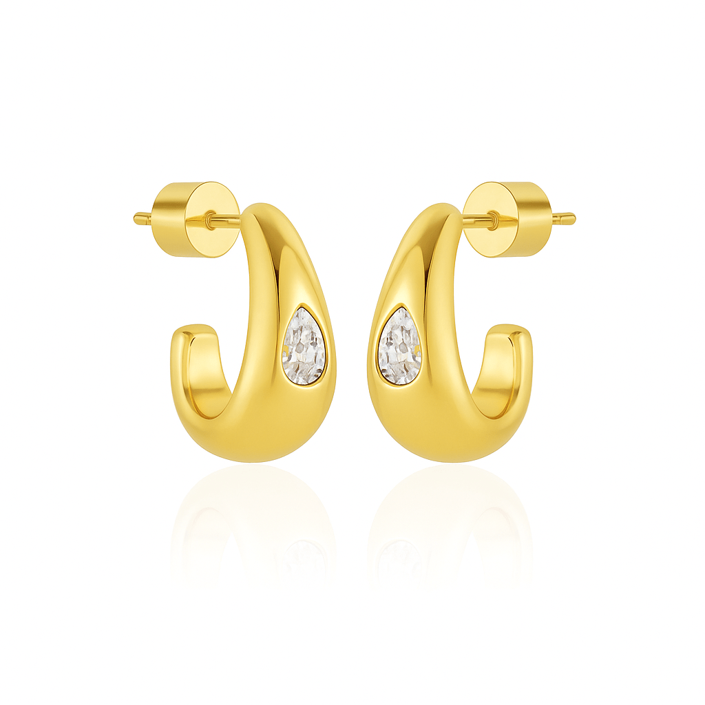 The Perfect Hoop Amadora Hoop Mini Crystal teardrop gold earrings with pear-cut crystal, angled view on white background showing post-back closure