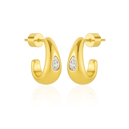 The Perfect Hoop Amadora Hoop Mini Crystal teardrop gold earrings with pear-cut crystal, angled view on white background showing post-back closure